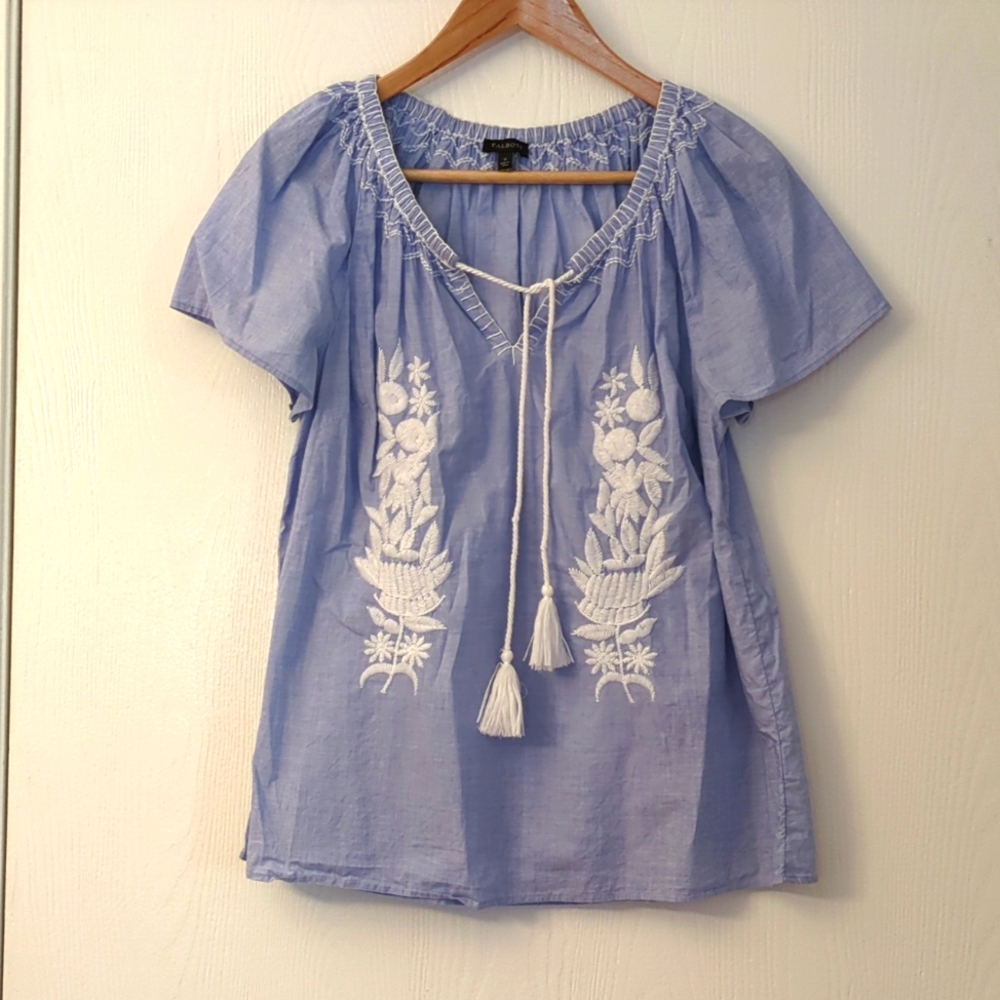 Talbots Blue Blouse with White Embroidery
